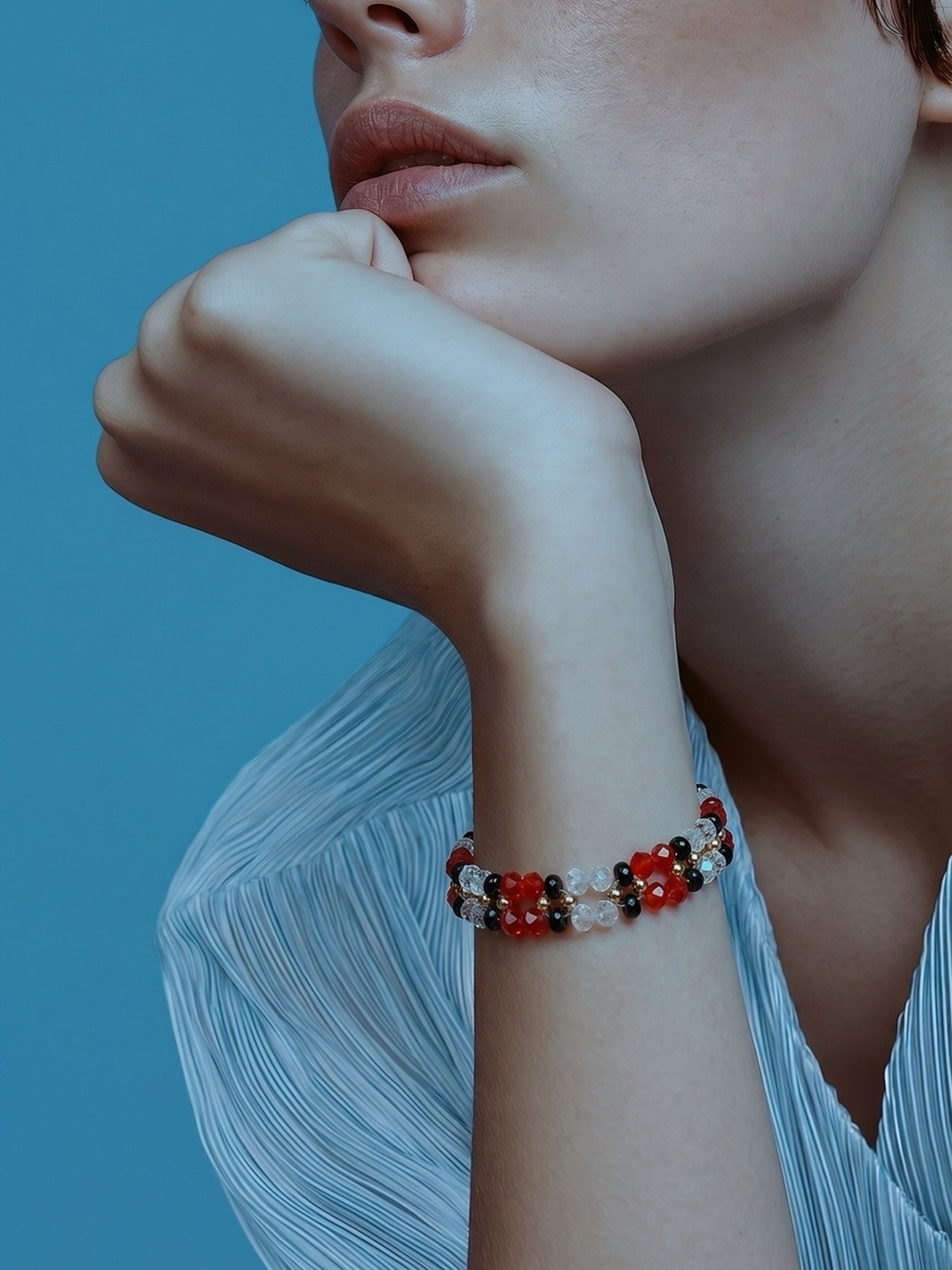 Multicolored Red, Black & Pearl Beaded Floral Bracelet for Women